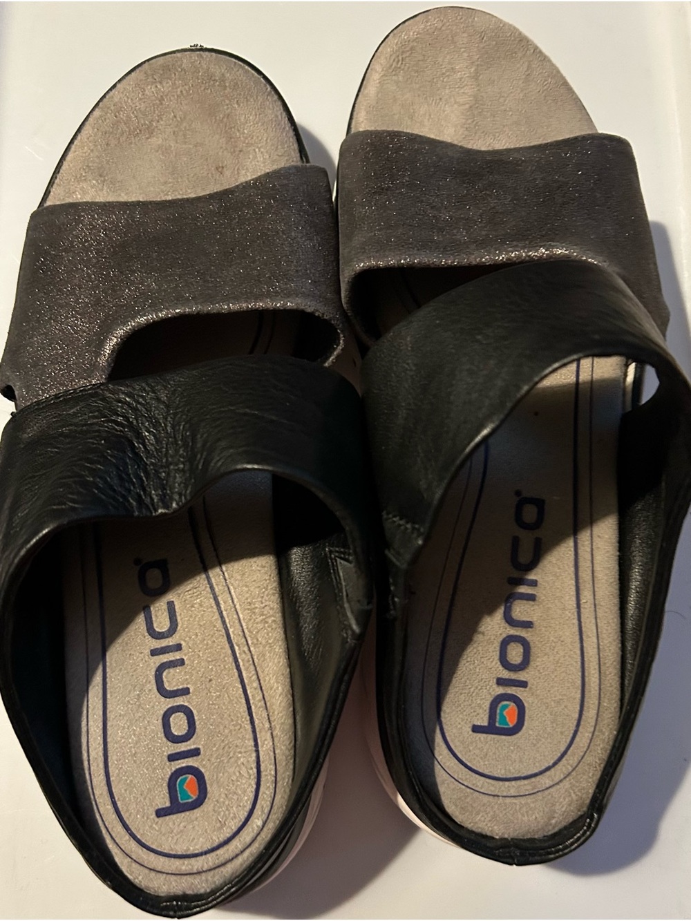 Bionica Black and Taupe Two-Band Slip-On Mules